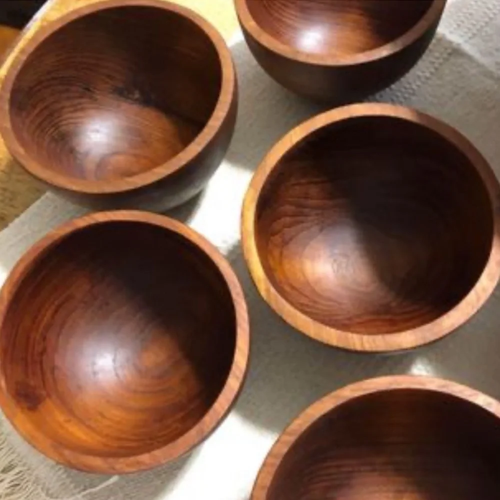 set of vintage handmade teak wood 8 salad bowls